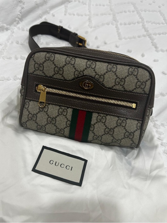 Gucci Handbags - Gucci Monogram Canvas belt bag with Brown Leather Trim and Gold Hardware